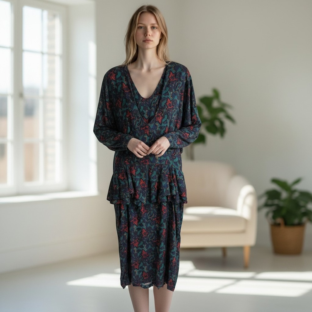 Melissa Harper Midi Dress 11/12‎ Teal Red Paisley Batwing Peplum 80s Vintage